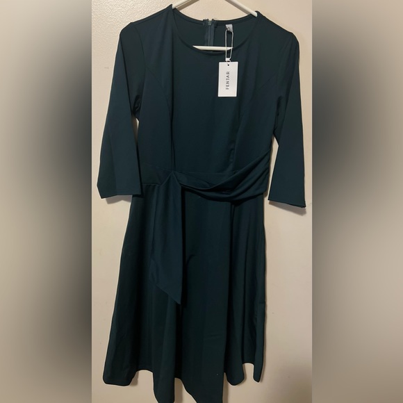 Womens Elegance Audrey Hepburn Style green 3/4 Ruffle Sleeve Swing A-line Dress - Picture 3 of 7